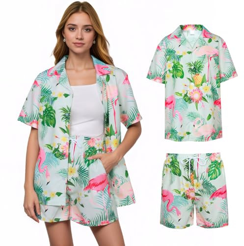 Camicia hawaiana da donna, set con camicia hawaiana, pantaloncini, maglietta estiva da spiaggia, stampa tropicale, camicia hawaiana da donna, abbigliamento estivo per feste, stile 1, M