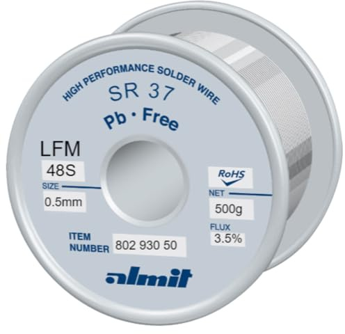 Almit Alambre de soldadura sin plomo, SR-37 LFM-48-S, 0,5 mm, 500 g, 80293050 (soldadura manual, sin plomo, estaño, ranura de tubo, bobina de estaño LFM-48S REM1 SR-37)