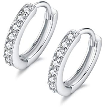 Pendientes de aro pequeño cartílago cúbico de plata de ley 925 para mujeres niñas diamante negro redondo CZ Huggie Hoops 8 mm, 8 mm, cristal, circonita cúbica