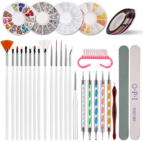 Kit de Nail Art avec 15 Pinceaux à Vernis à Ongles & 5 Stylos Outils de Pointillage & 4 Boîtes Strass & 10 Ruban à Rayures Manucure Autocollants à Ongles-Diamant Décoration
