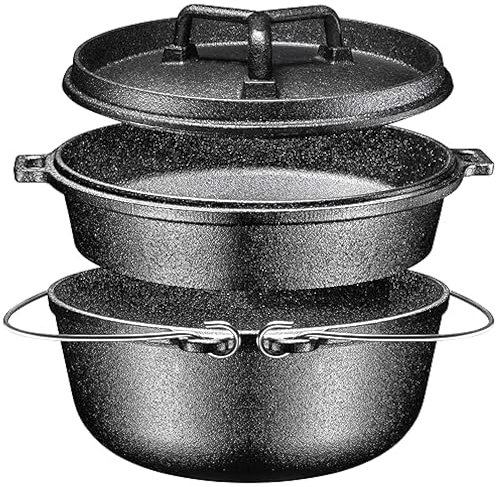 Pre Seasoned Cast Iron 7 Piece Bundle Kitchen Cooking Or Camping Cooking Set, Cookware Set W/Multi Cooker, Grill Pan, Dutch Oven, Capmag Beer Opener