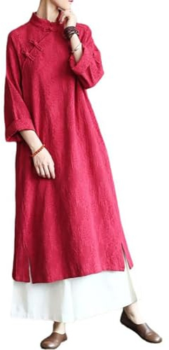 LUZU JUNU Spring Women Dresses Chinese Dress Traditional Collar Vintage Cotton Linen Robe Cheongsam Dresses(US,Alpha,One Size,Regular,Regular,Red)