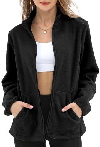 Argstar Fleece Jacket for Women, Lightweight Full Zip Classic Soft Casual Recreation Coat with Zipper Pockets Black L