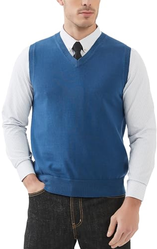 Kallspin Men’s Pure Cotton Sweater Vest V Neck Sleeveless Jumper Smart Casual Knitwear Pullover(Blue, XXL)