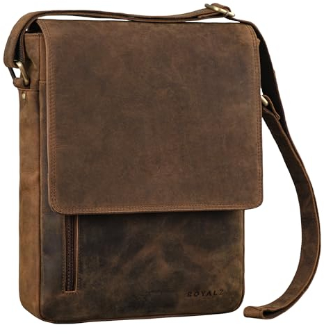 ROYALZ Herren Umhängetasche Leder Schultertasche 'Kansas' Vintage Ledertasche 13-14 Zoll Laptop-Tasche Echtleder Mittel-groß DIN A4 Messenger Bag für Männer, Farbe:Nevada braun