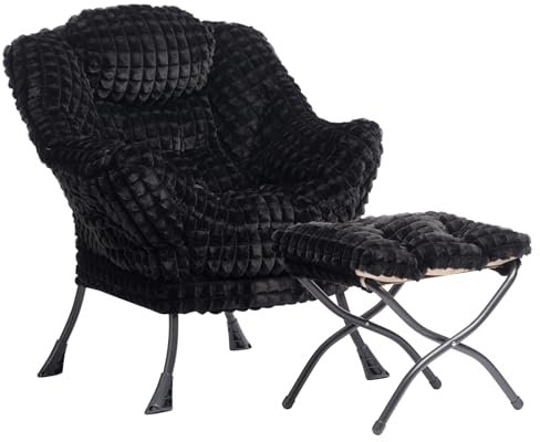 HollyHOME Fauteuil avec Repose Pied Fauteuil Relax, Fauteuil de Lecture Fauteuil Scandinave Fauteuil de Salon Fauteuil Chaise D'appoint, Peluche Noire