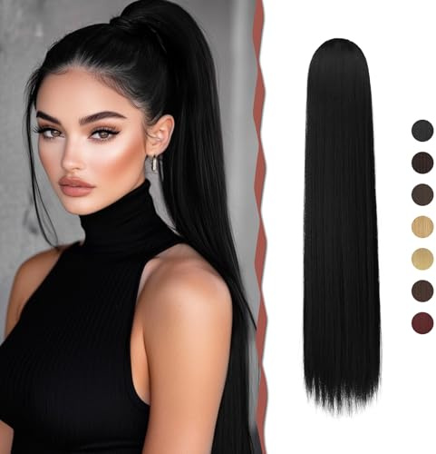 Sofeiyan Coda Capelli Extension con Coulisse Lunga Coda di Cavallo Capelli Dritti Posticci per Capelli Sintetici Ponytail Extension Coda Finta Capelli per Donna, 60cm Nero