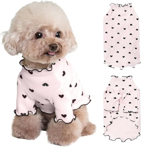 Yaopelky Husdjurskläder för små hundar och katter, sommar, höst, hjärtmönster, stretchigt, volanger, långärmad, kläder för chihuahua, schnauzer, shih tzu, yorkie (rosa, XS)