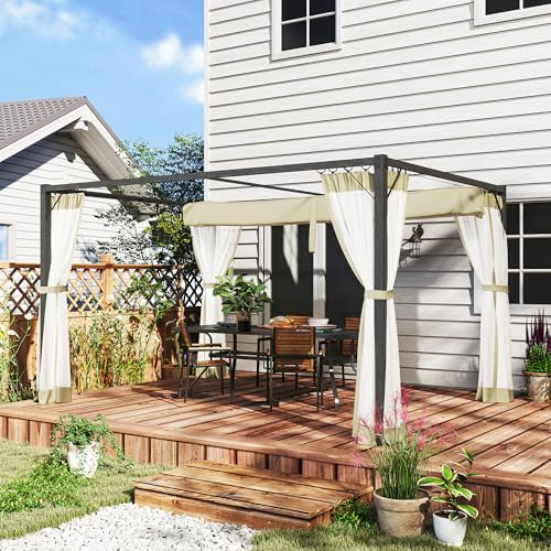 Outsunny 3 x 4 m Pergola with Retractable Roof Canopy and Netting Sidewalls, Aluminium Frame Garden Gazebo Outdoor Sun Shade Shelter for Grill, Patio, Deck, Khaki