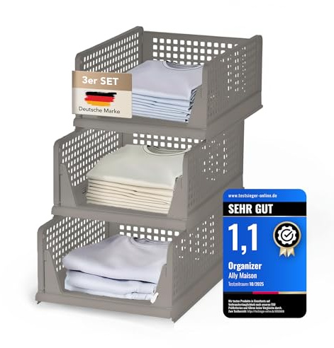 Ally Maison® Schrank Organizer 3er Set (Faltbar & Stapelbar) – Kleiderschrank Organizer Boxen, platzsparende Aufbewahrungsbox aus Kunststoff – für Schrank, Bad, Küche & Büro geeignet – Beige
