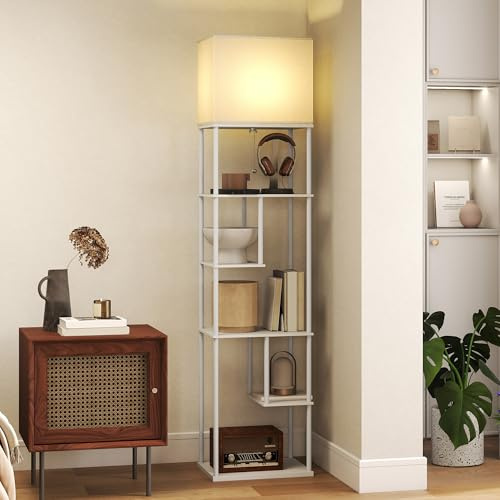 HOMCOM Lámpara de Pie con Estantes, Lámpara Salón con Brillo y Temperaturas de Color Ajustable 3000K-6500K, Control Remoto, Temporizador, 5 Modos, Bombilla 9W Incluida, Portalámparas E27, Blanco
