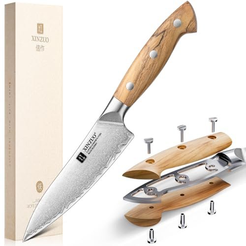 XINZUO Acier Composite 13,5cm Couteau Universel de Cuisine Forgé à la Main Multifonctions Couteau Tout Usage Lame Tranchante Acier à Haute Teneur en Carbone Paring de Fruits-Poignée en Bois d'Olivier