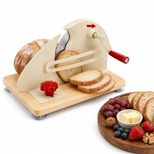 Brotschneidemaschine Manuell Edelstahl mit Kurbel, Einstellbare Scheibendicke (0–28 Mm),Rutschfest durch Saugnäpfe,Holzsockel für Haushalt, Bäckerei, Café