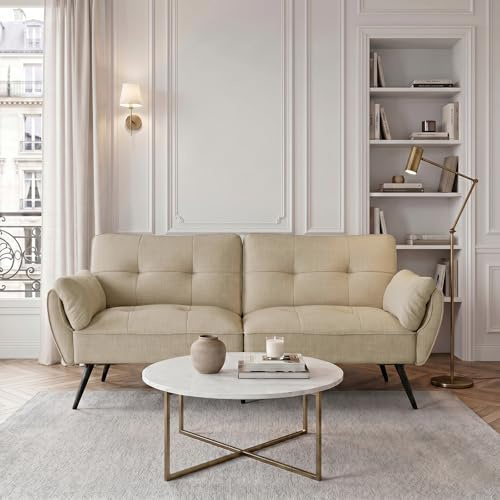 JIEXI Modern bäddsoffa i tyg, 3-sits, konvertibel futon, bäddsoffa med 3 justerbara vinklar, 180 cm vardagsrumssäng med träben kraftig 230 kg, beige (170 cm, beige)