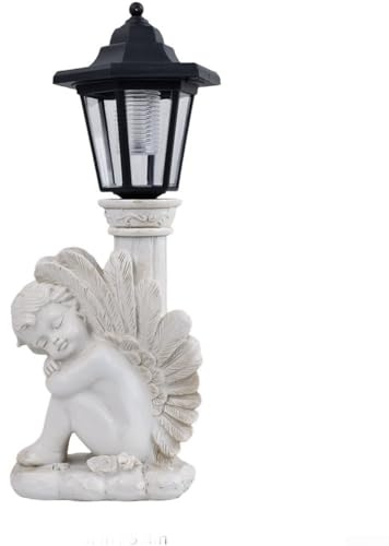 Figura di angelo solare in stile antico in grigio, luce da giardino in resina con design a colonna romana, decorazione serena per esterni per cortile e cortile (angelo ginocchio sinistro)