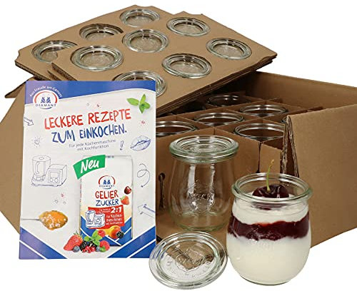 MamboCat 12er Set Weckgläser mit Glasdeckel 220 ml I Original Weck Tulpenglas Joghurtglas, Dessertglas I Einweckgläser mit Deckel für Dips Aufstrich I inkl. Diamant-Zucker Gelierzauber Rezeptheft