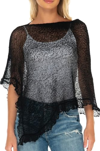 SHU-SHI Women’s Sheer Knit Poncho Shrug Lightweight Asymmetrical Ruffle Wrap Dressy Summer Shawl Cover Up Top