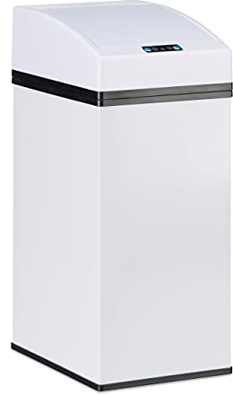 Relaxdays Sensor Mülleimer, Automatikdeckel, Inneneimer mit Griff, hygienisch, 7 L, Stahl, HxBxT: 35 x 15 x 20 cm, weiß
