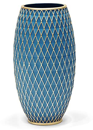 Suanti Dekorative Blumenvase, Blau und Gold Vase, Heimdekoration, Einweihungsgeschenk, mit Diamantmuster, breiter Basis und schmalem Hals, für Wohnzimmer Deko, Esszimmer, Flur, Schlafzimmer