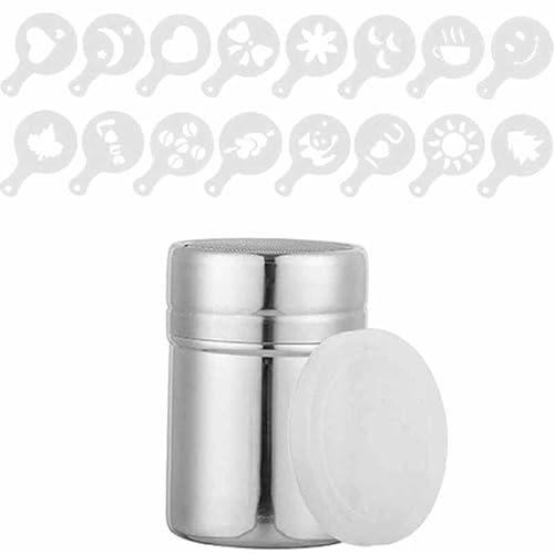 Flour Sugar Salt Shaker - Stainless Steel Chocolate Powder Shaker, with Fine-Mesh Lid 16pcs Cappuccino Coffee Molds for Baking Cooking, Icing Sugar Salt Cocoa Flour Coffee Shaker