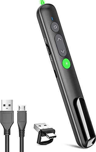 Presentation Clicker PowerPoint Wireless Presenter Remote: Rechargeable Green Laser Pointer Clickers USB A Type C Computer Mac Power Point PPT Slideshow Google Slide Advancer