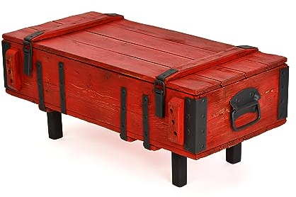 Generisch Truhen-Couchtisch Rot Handmade Truhentisch, Rustikaler Beistelltisch aus Holz, Antiker Ausziehbarer Tisch mit Stauraum und Deckel, Kaffeetisch,Truhen-Couchtisch