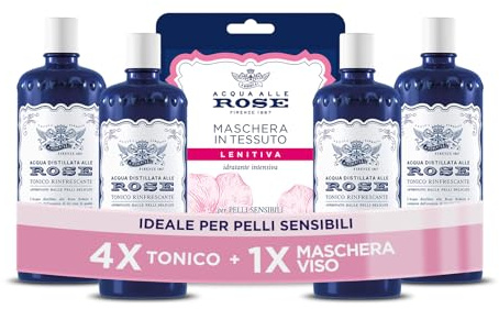 Acqua alle Rose, Tonico Viso con Acqua Distillata Alle Rose, Formula Rinfrescante con Proprietà Idratanti, Tonificanti e Lenitive, Rende la Pelle Giovane ed Elastica, 4 Flaconi da 300 ml