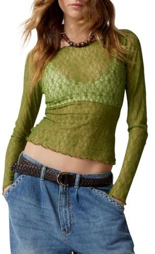 Minetom Femme Dentelle Sheer Mesh T-Shirt à Manches Longues Moulante Transparente Blouse Soirée Club Chemise Hauts Tops A Vert XL