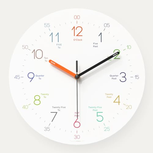 mooas Kids Easy Learning Flatwood Wall Clock,12 Wood Clock for Kids Learning Non-Ticking Sweep Movement Decorative Clock Battery Operated Wall Clock for Home Living Room Bedroom School