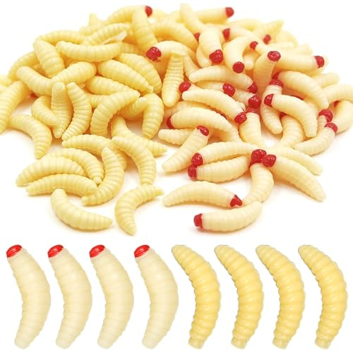 XYQMLY 100 Pcs Bass Fishing Lures, 1Inch, Soft Maggots Baits, Realistic Rubber Worms, Plastic False Wax Worm, 2 Styles