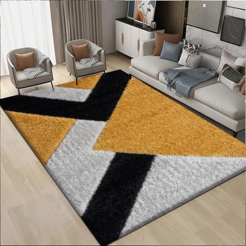 Living Room Rug 120 x 170 cm - Luxury Abstract Design High Pile Non Shed Heavy Mat for Kictehn Dinign Room Kids Bedroom Shaggy Rug - Nova Ochre Grey Silver, 120 x 170 cm