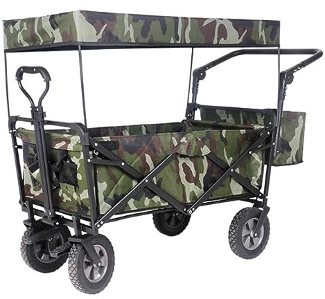 Bollerwagen Faltbar Strandwagen Faltbollerwagen Zusammenklappbarer, Zusammenklappbarer Wagen Mit Vordach, Verstellbarer, Ausziehbarer Push-Pull-Griff, Abnehmbares Vordach Aus Segeltuch Transportwagen