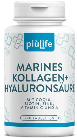 Collagène Marin Acide Hyaluronique PiùLife – 2000 mg Collagène Hydrolysé Type 1, Vitamine C, Biotine, Zinc, Q10 – 240 Gélules – Peau, Cheveux, Articulations