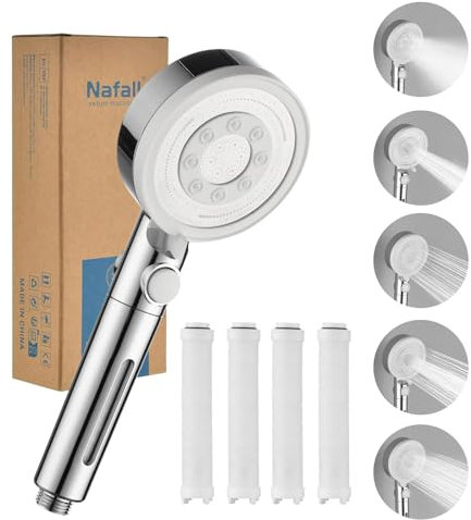 Nafall Duschkopf mit 4 PP Filter, Handbrause Wassersparend, Duschkopf Duschbrause mit 5 Strahlarten Hochdruck, Regendusche, Stoppfunktion (Chrom Weiß, Ohne Schlauch und Halterung)