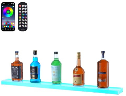 VEVOR LED Lighted Liquor Bottle Display, 1 Tier 40 Inch Wall Mounted Whiskey Rack Stand, 1 Step Commercial Illuminated Home Bar Shelf, Acrylic Drinks Light Shelves with RF Remote & App Control