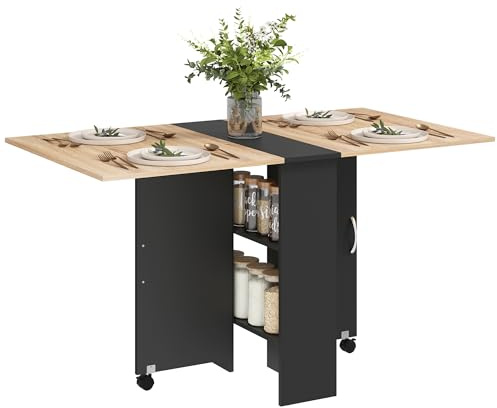 HOMCOM Tavolo da Pranzo Pieghevole, Tavolo Cucina a Ribalta per 6 Persone, Scrivania Richiudibile Salvaspazio con 2 Ripiani Aperti e Ruote a Freno, per Soggiorno, Ufficio, 140x75x74cm, Rovere e Nero