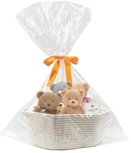 Aufbewahrungskorb Geflochten Baumwollseil, Kleiner Korb Geflochten mit Griffen, Geschenkkorb Leer mit Grußkarte Geschenktüten und Bändern für Babyparty, Valentinstag, Hochzeit, Geburtstag, Ostern