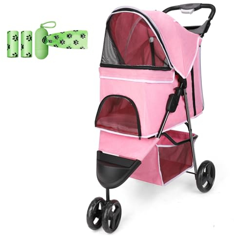 Zevcri Pet Stroller for Small and Medium Dogs, Cats - Easy Fold Pushchair Trolley With Storage Basket, 3 Rubber Wheels, Black (Pink)