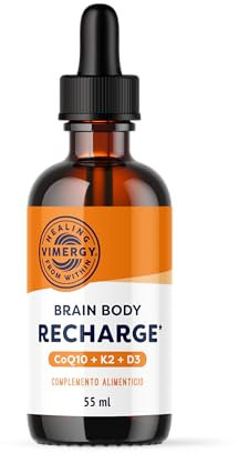 Vimergy Brain Body Recharge* – avec vitamine D3, K2 et CoQ10 – Renforce les muscles et les os – Protège contre les radicaux libres – Végane et sans gluten – 55 mL