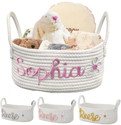 Generisch Personalisierte Korb Aufbewahrung Geflochten Mit Namen, Aufbewahrungskorb für Babyspielzeug und Kleidung Baby Windel Caddy Organizer Geschenkkorb, Deco Korb für Kinderzimmer (30*15*9cm)