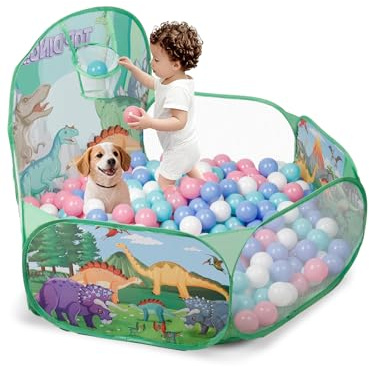 ZimiTeda Dinosaur Kids Ball Pit for Toddler with Basketball Hoop Foldable Pop-Up Baby Ball Pool for Girls Boys Indoor Outdoor Game Dog Ball Pit 120 cm Wide Plyahouse Tent (Balls NOT Included)
