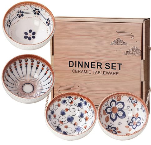 MEETOZ 4 Pcs Ceramic Rice Bowls 10 oz, Japanese Rice Bowl Set, Rice Bowl with Gift Box, Ideal for Cereal, Soup, Dessert, Snack, Fruit, Dessert, Ice Cream, Salad, Rice, Noodle (A)