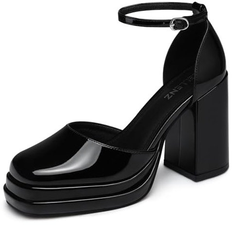 CELLENZ Women Chunky High Heels: Closed Toe Strappy Platform Heel - Black Patent Dress Party Fashion Shoes - Pumps Comfortable Graduation Dance Size 9
