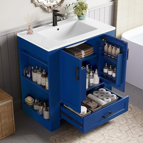 boorbin 76 x 46 x 78,5 cm, mobile da bagno, lavabo completamente verniciato, doppia porta, cassetti silenziosi, mensole su entrambi i lati, lavabo in ceramica integrato, blu