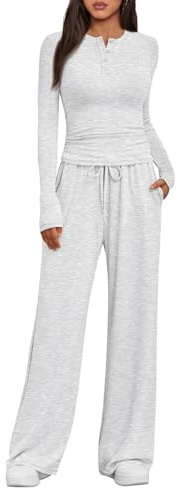 Trendy Queen Women's 2 Piece Matching Lounge Sets Fall Fashion Two Pieces Sweat Outfits Long Sleeve Wide Leg Pants Tracksuits V Neck Shirts 2026 Airport Travel Clothes Loungewear Clothing LGrey M