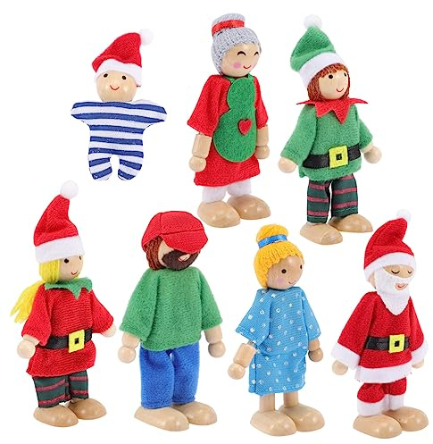 FUNNETOYU 7 Stück Teiliges Holz Puppenfamilien Bewegliche Mini Puppen für Puppenhaus Fantasievolles Rollenspiel Weihnachten Geburtstag