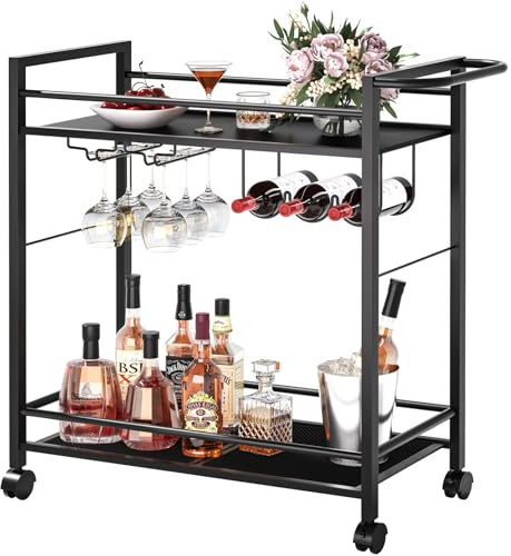Bar Cart,Home Bar Serving Cart with Storage Shelves, 2 Tier Rolling Beverage Cart with Wheels, Modern Vintage Black Wine Cart with Wine Rack and Glass Holder for Kitchen, Dinning Room,Living Room