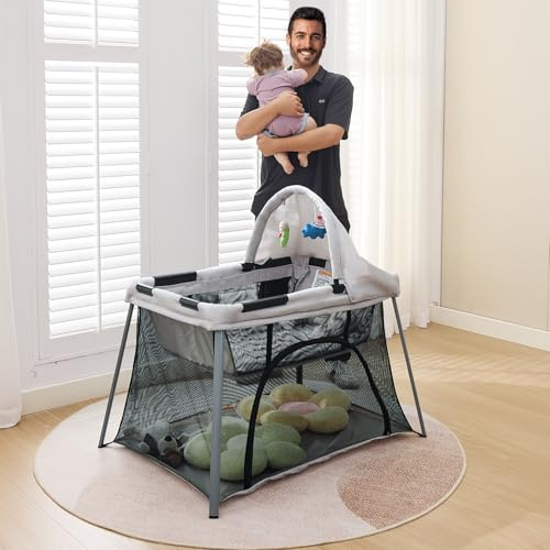 Portable Travel Crib for Baby & Toddler, Gentle Monster Lightweight 2 in 1 Baby Travel Pack and Play Bassinet with Mattress and Sunshade, Foldable Travel Crib Mini Playpen Playard for Indoor Outdoor