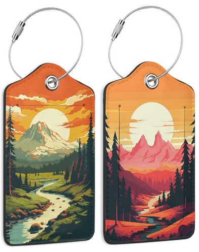 Vesavifaka 2 Pièces Étiquettes de Bagage Vintage Montagne pour Valises, Adorables Étiquettes en Cuir Unique avec Protection de Confidentialité et Œillet en Acier, Accessoires de Voyage pour