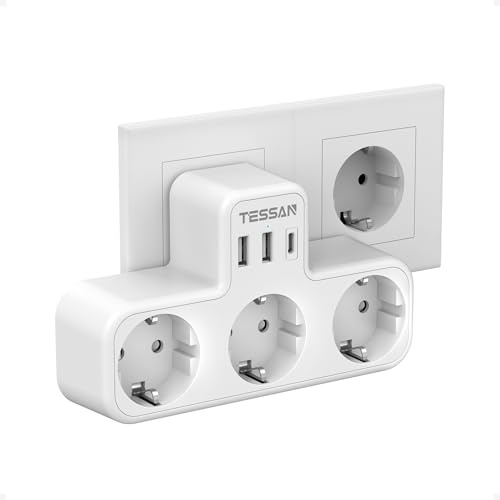 TESSAN 6 en 1 Enchufe múltiple en Forma de T, Ladron Enchufes con 3 Tomas CA y 3 Puertos USB, 15W Cargador USB C, 3600W Regleta Pared Compatibles para Sala de Estar, Dormitorio y Oficina, Blanco